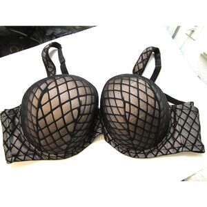 Ashley Stewart Butterfly Bra Full Figure Plunge w/Extender Sexy Black Mesh 44DD